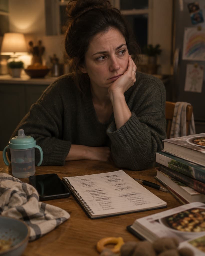 Une mère fatiguée dans sa cuisine le soir, devant un réfrigérateur presque vide, qui se demande quoi préparer.