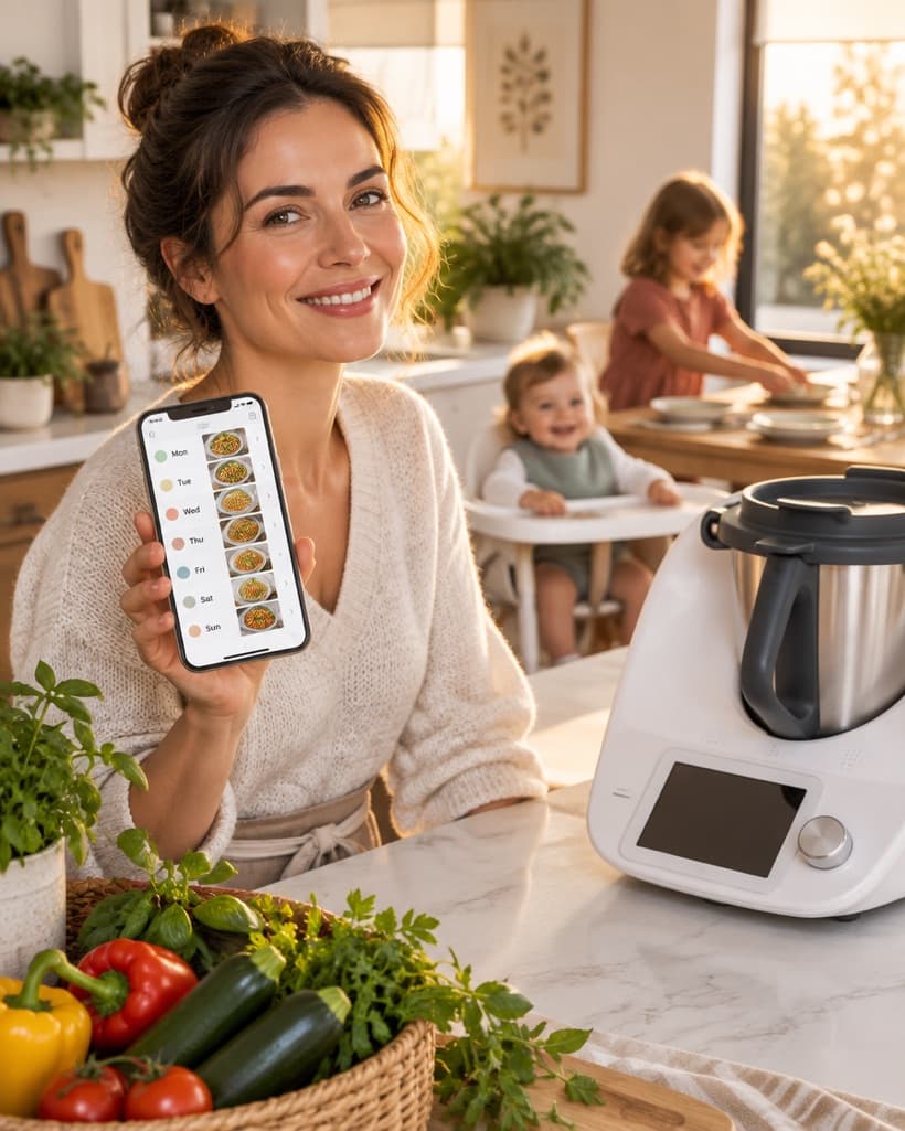 Une mère détendue dans sa cuisine, sa semaine de repas prête sur son téléphone, ses enfants à ses côtés.