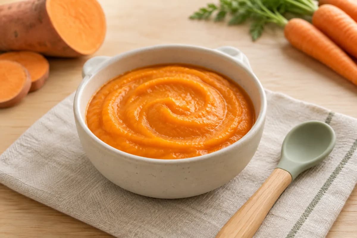 Bol de purée lisse de patate douce et carotte avec une petite cuillère